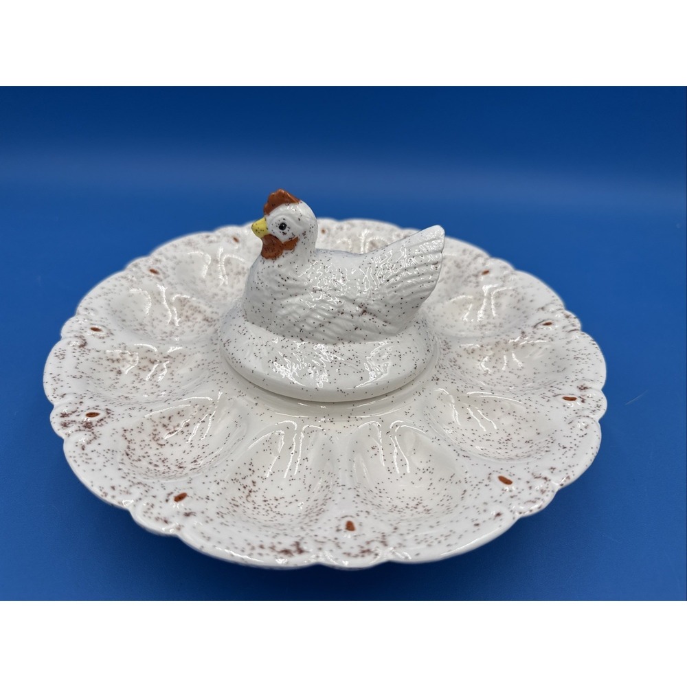 Vtg Speckled Ceramic Hen on Nest Deviled Egg Plate Platter Farmhouse Handmade